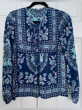 Spell & The Gypsy Pandora Blouse Night Garden Navy Tie Front Size S Boho Top